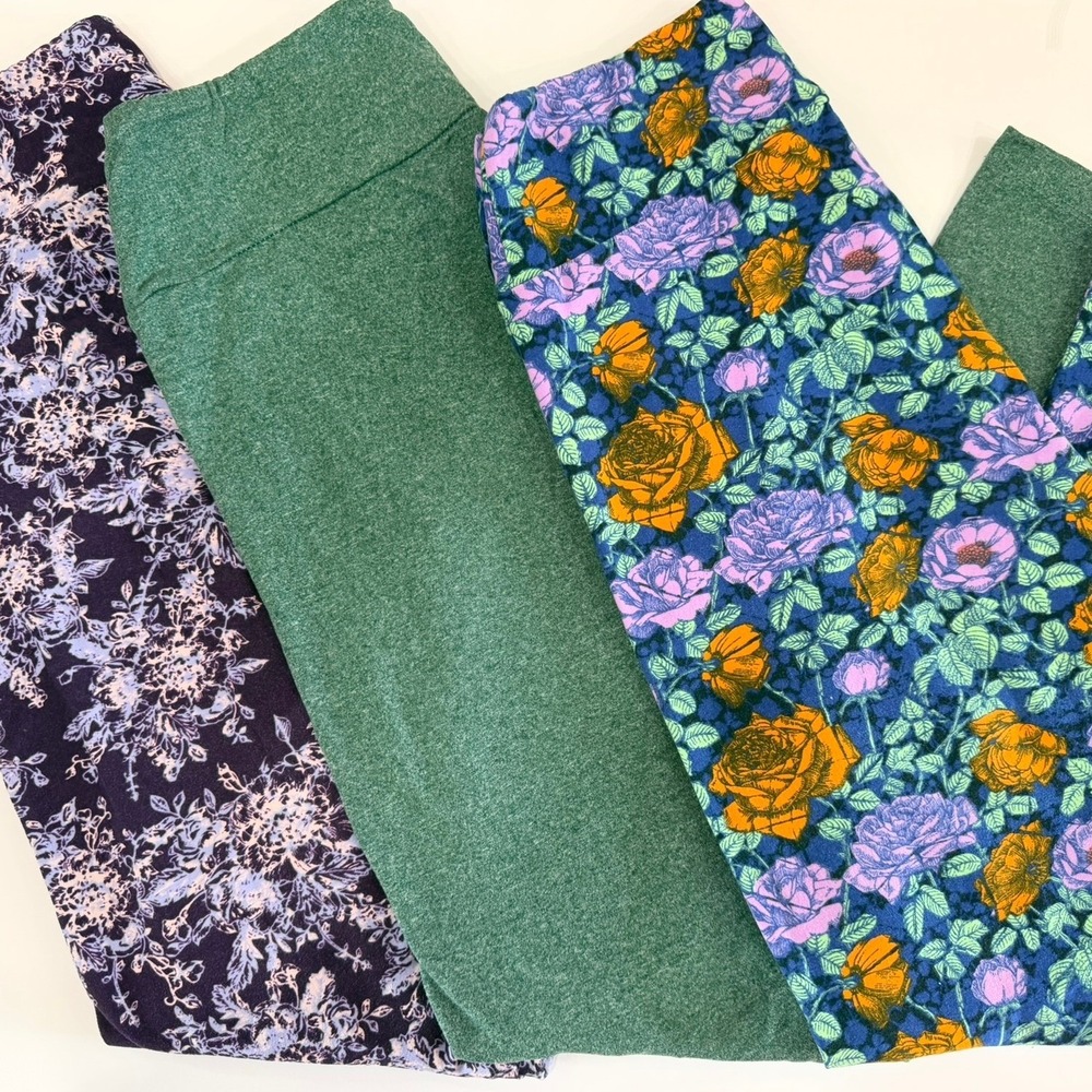 LuLaRoe Leggings Bundle Lot of 3 Floral Heathered Green One Size OS Womens